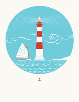 dreamy, sea light house red blue white round geometric screenprint