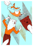 poster animal party, dancing fox bear woman blue orange brown screenprint limited edition home design